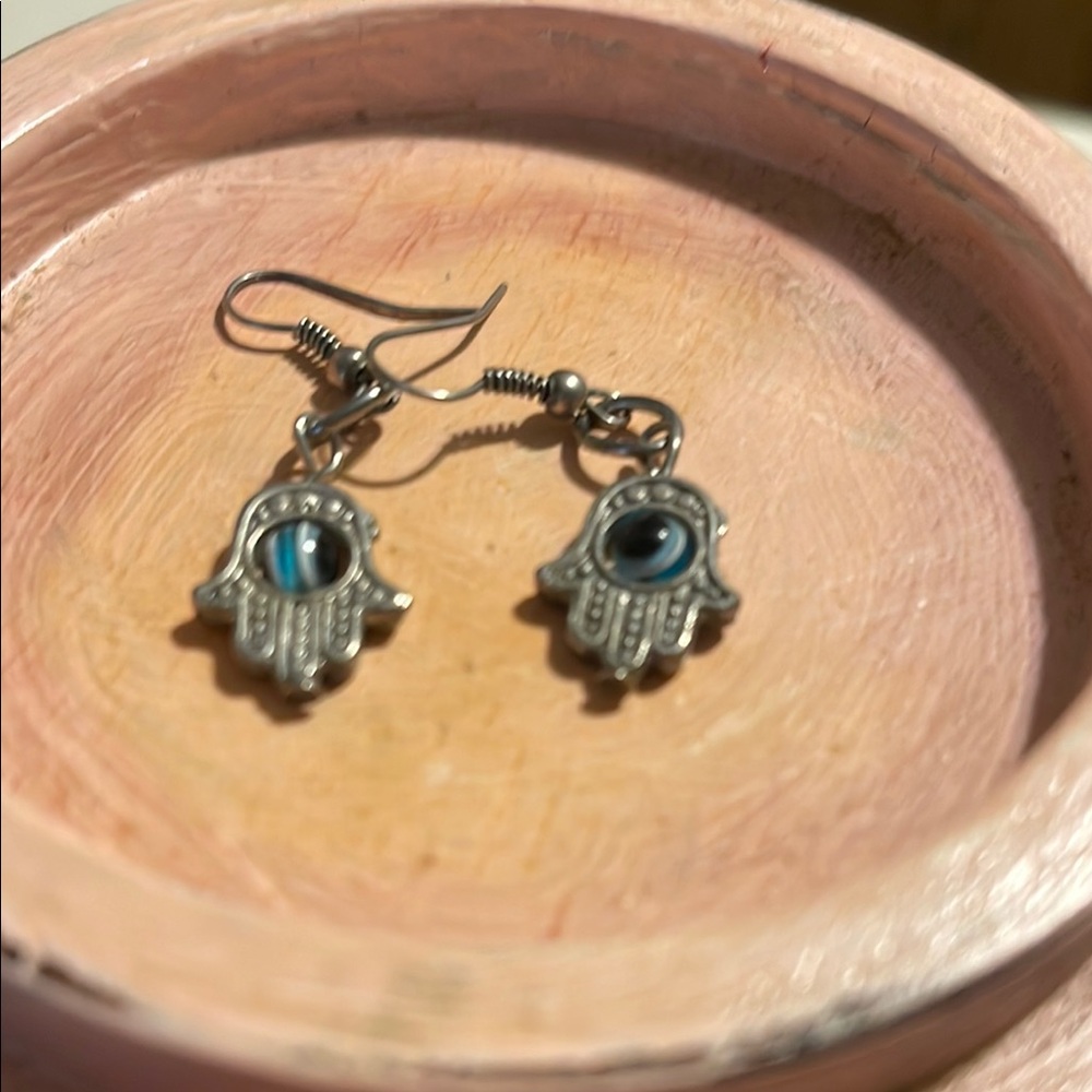 Silver Hamsa Earrings with Blue Accents